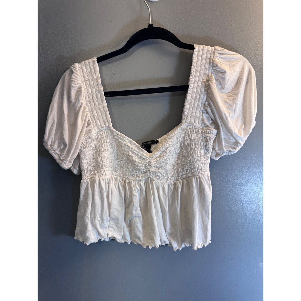 Forever 21 White Smocked Puff Sleeve Crop Top Babydoll Blouse Large - Picture 1 of 6